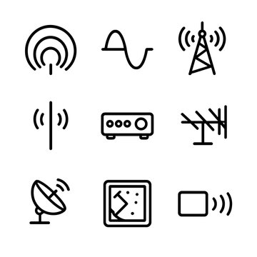 Frequency Band Icons. Outline icon set of frequency bands: VLF wave, LF signal, MF broadcast, HF transmission, VHF tuner, UHF