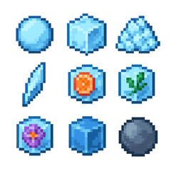 Fototapeta premium Decorative Ice Icon Set. Pixel art icon set of decorative ice: ice sphere, clear cube, crushed ice, ice shard, fruit-infused ice,