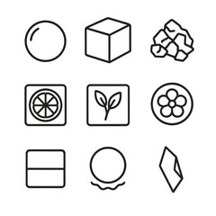 Decorative Ice Icons. Outline icon set of decorative ice: ice sphere, clear cube, crushed ice, ice shard, fruit-infused ice,