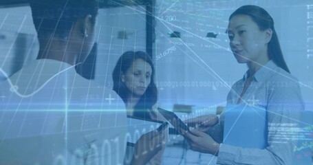 Animated chart overlay drifting initiating data review, business team pointing, scrolling tablet - Powered by Adobe