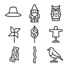 Garden Guardian Icons. Outline icon set of garden guardians: scarecrow hat, garden gnome, owl decoy, reflective pinwheel, wind