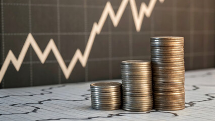 Currency fluctuation on commodities concept. Stacks of coins with a rising graph background illustrating financial growth.