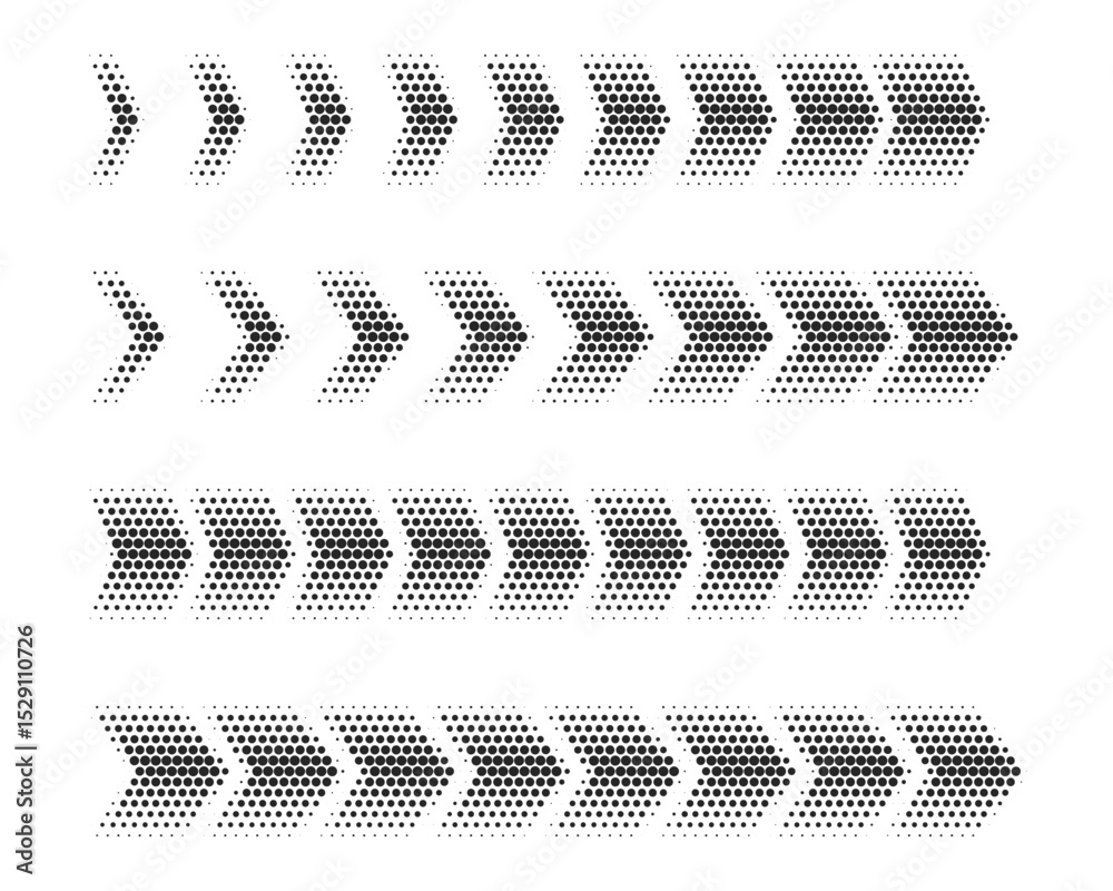 Wall mural a collection of simple, halftone dotted, futuristic abstract black arrows is isolated on a transpare
