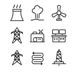 Geothermal Power Icons. Outline icon set of geothermal power plants: cooling tower, steam plume, turbine blade, transmission line,