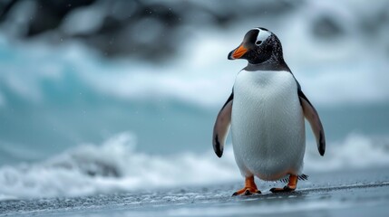 Fototapeta premium A delightful Gentoo penguin stands on a coastal shoreline, surrounded by a serene backdrop of water and gentle waves, showcasing the beauty of wildlife in its natural habitat.
