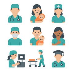 Delivery Staff Icons. Flat icon set of delivery staff roles: obstetrician, midwife, nurse, anesthesiologist, pediatrician, doula,
