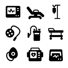 Delivery Room Icons. Solid, Filled icon set of delivery room equipment: fetal monitor, delivery bed, IV stand, surgical lamp,