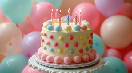 A delightful birthday cake adorned with vibrant decorations and candles, surrounded by colorful balloons, capturing the joyful essence of celebrations and special moments.