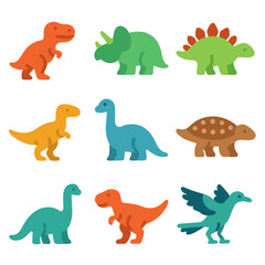 Dinosaur Icon Grid. Flat icon set of iconic dinosaurs: tyrannosaurus rex, triceratops, stegosaurus, velociraptor, brachiosaurus,