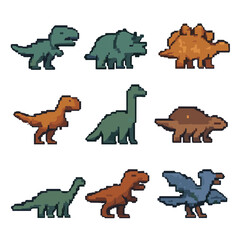 Dinosaur Pixel Icons. Pixel art icon set of iconic dinosaurs: tyrannosaurus rex, triceratops, stegosaurus, velociraptor,