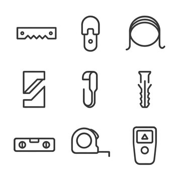 Hanging Hardware Icons Grid. Outline icon set of hanging hardware: sawtooth hook, D-ring hanger, picture wire, French cleat, rail