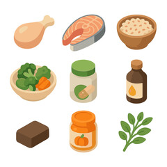 Healthy Pet Dinner Icons. Isometric Flat icon set of healthy pet dinner ingredients: fresh chicken, fish fillet, brown rice bowl,