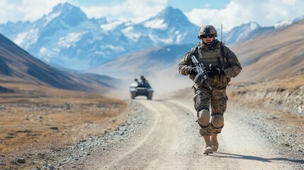Soldier Running on Dusty Road with Tank in Dramatic Mountain Landscape