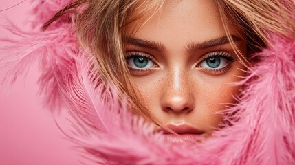A stunning close-up portrait of a young woman framed by vibrant pink feathers, highlighting her captivating eyes and radiant beauty against a bold background.