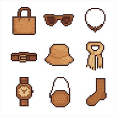 Eco Accessories Icons. Pixel art icon set of eco-friendly accessories: cork tote, wooden sunglasses, recycled metal necklace,