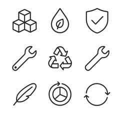Eco Design Icons. Outline icon set of eco-design principles: modular block, material selection droplet, durability shield,