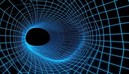 Abstract 3D Tunnel Structure With Glowing Blue Grid Lines And Central Black Void Space