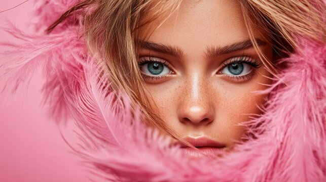 A stunning close-up portrait of a young woman framed by vibrant pink feathers, highlighting her captivating eyes and radiant beauty against a bold background. - Powered by Adobe