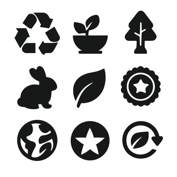 Eco Labels Icon Set. Solid, Filled icon set of eco-friendly labels and certifications: recycle symbol, compostable logo, FSC badge