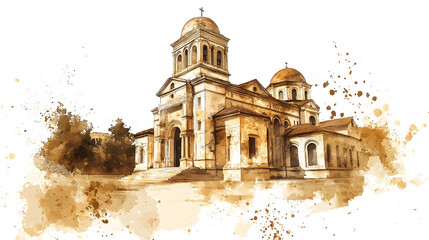 Ruins of Vidin Synagogue in Vidin, Bulgaria skyline view on white background, sepia brown watercolor vector illustration.