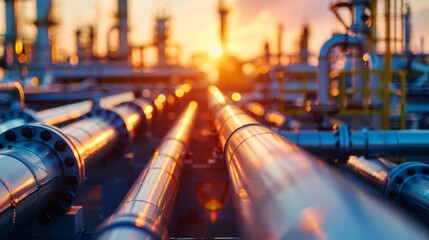 A series of gleaming metal pipelines stretch toward a warm and colorful sunset, representing the industrial essence and complexity of manufacturing landscapes in modern times.