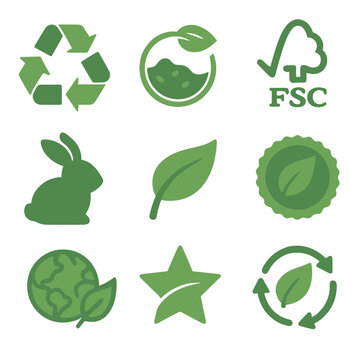 Eco-Friendly Icon Set. Flat icon set of eco-friendly labels and certifications: recycle symbol, compostable logo, FSC badge,