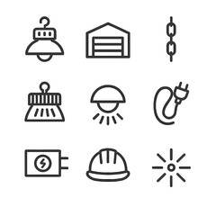 Industrial Lighting Icons. Outline icon set of industrial lighting: high-bay light, warehouse building, chain suspension, heat