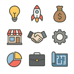 Entrepreneurship Icon Set. Flat icon set of entrepreneurial ventures: light bulb, rocket launch, money bag, storefront, handshake,