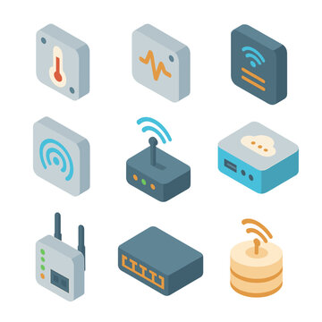IoT Sensor Icon Grid. Isometric Flat icon set of IoT sensors and connectivity: temperature sensor, vibration sensor, proximity