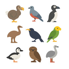 Extinct Birds Icons. Flat icon set of extinct birds: dodo, passenger pigeon, great auk, moa, huia, Carolina parakeet, labrador