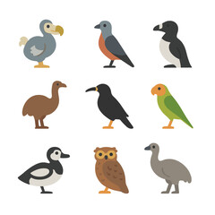 Extinct Birds Icons. Flat icon set of extinct birds: dodo, passenger pigeon, great auk, moa, huia, Carolina parakeet, labrador