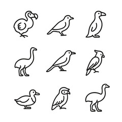 Fototapeta premium Extinct Birds Icon Set. Outline icon set of extinct birds: dodo, passenger pigeon, great auk, moa, huia, Carolina parakeet,