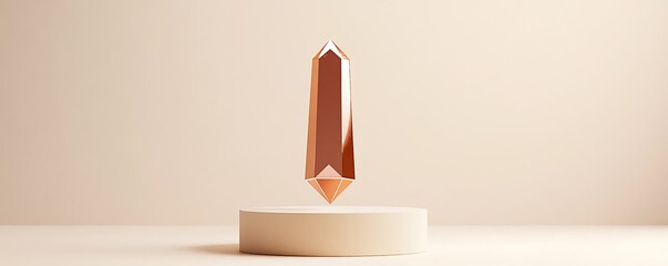 Floating copper prism stand with product centered in minimal cream background