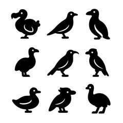 Fototapeta premium Extinct Birds Icon Grid. Solid, Filled icon set of extinct birds: dodo, passenger pigeon, great auk, moa, huia, Carolina parakeet,