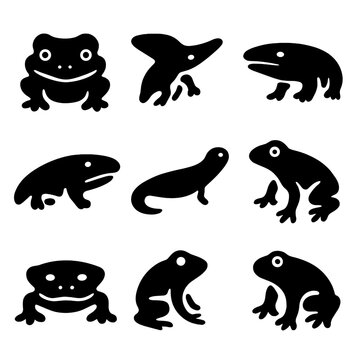 Extinct Amphibians Icons. Solid, Filled icon set of extinct amphibians and early tetrapods: beelzebufo, diplocaulus, koolasuchus,