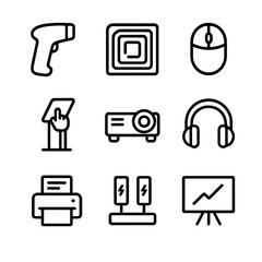 Library Tech Icons. Outline icon set of library technology tools: barcode scanner, RFID tag, computer mouse, touchscreen kiosk,