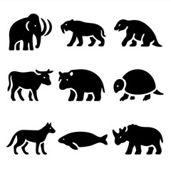 Obraz premium Extinct Megafauna Icons. Solid, Filled icon set of extinct megafauna: woolly mammoth, saber-toothed cat, giant ground sloth,