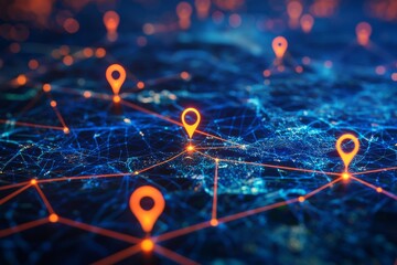 A digital network map with glowing orange location pins connected by blue lines, illustrating data points and connectivity across a futuristic grid.