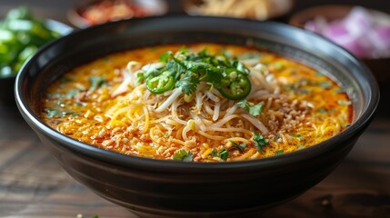 A delicious bowl of spicy noodles topped with fresh herbs and garnishes presents a mouthwatering and vibrant culinary experience inspired by diverse flavors and cultures.