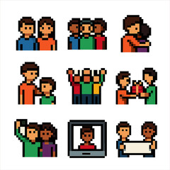 Fototapeta premium Family Friends Icons. Pixel art icon set of family and friends: parent figures, friend group, hugging embrace, proud parent,