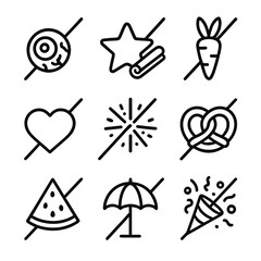 Festive Icon Grid. Outline icon set of themed garnishes: Halloween eyeball, Christmas cinnamon star, Easter bunny carrot,