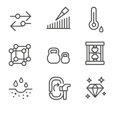 Fototapeta premium Material Property Icons. Outline icon set of material properties: conductivity symbol, hardness scale, melting point thermometer,