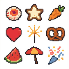 Festive Icon Set. Pixel art icon set of themed garnishes: Halloween eyeball, Christmas cinnamon star, Easter bunny carrot,
