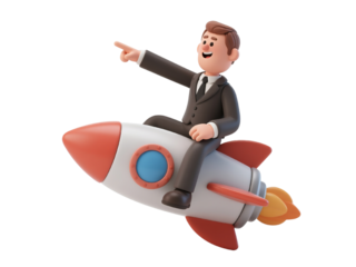 3D cartoon businessman riding rocket and pointing forward, symbol of startup growth, isolated on white background