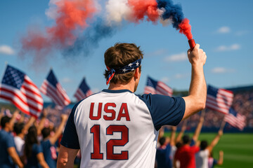 American Man Holding Flare at Patriotic Soccer Match

