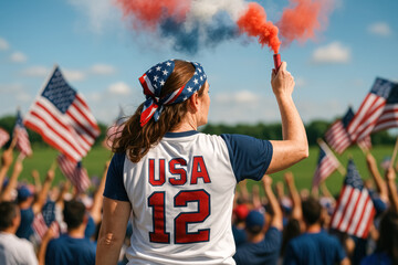 American Woman Waving Red White Blue Flare at Stadium

