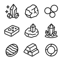Mineral Icons Grid. Outline icon set of mineral types: lithium, cobalt, rare earth element, tantalum, platinum, graphite, nickel,