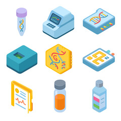 Molecular Diagnostics Icons. Isometric Flat icon set of molecular diagnostics: PCR tube, real-time qPCR machine, DNA microarray