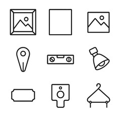 Gallery Display Icons. Outline icon set of gallery wall display: picture frame, canvas, photo print, frame hook, level tool,