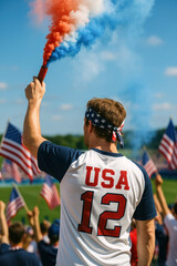 American Man Holding Flare at Patriotic Soccer Match

